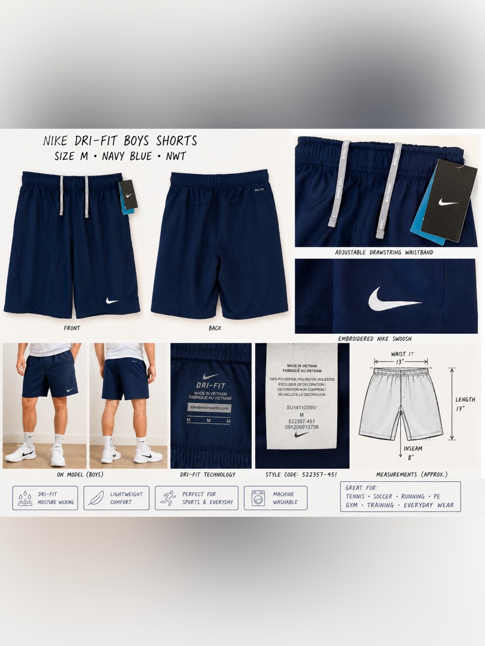 Nike Dri-FIT Boys Shorts Size M Navy Blue Athletic Tennis Drawstring NWT